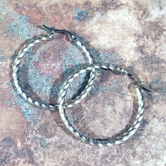 Silver Surgical Stainless Steel Round Twisted 35mm Minimalist Hoop Earrings - Picture 5 of 9
